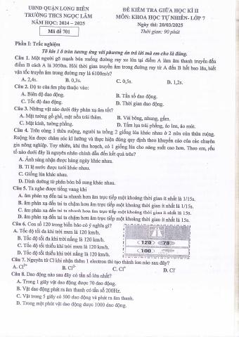 Đề thi Giữa kì 2 KHTN 7 năm 2024-2025 trường THCS Ngọc Lâm (Hà Nội)